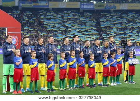 Kyiv, Ukraine - October 14, 2019: Ukrainian Players Listen To The National Anthem Before The Uefa Eu