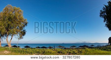 Mediterranean Sea And Volcano In Horizon In The South On The Island Of Kos Greece