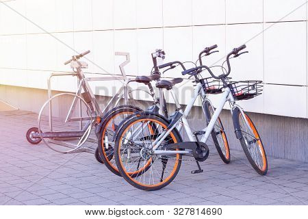 Bike With Gps Navigator In The Parking Lot, The Theme Of Transport And Communications. There Are Bic