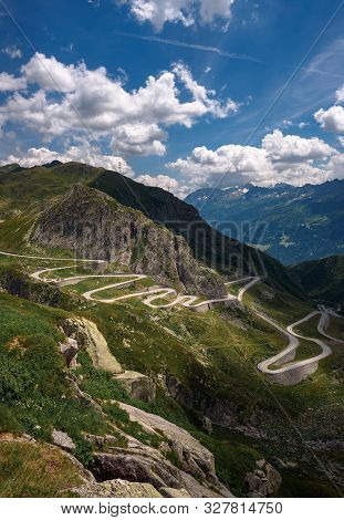 Aerial View Of The Old Road With Many Serpentines Going Through The St. Gotthard Pass In The Swiss A