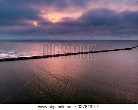 Aerial View Of The Baltic Sea Shore Line Near Klaipeda City, Lithuania. Beautiful Sea Coast On Chill
