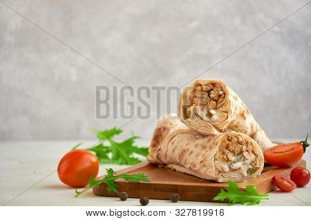 Shawarma With Chicken On Wooden Board, Closeup With Space For Text