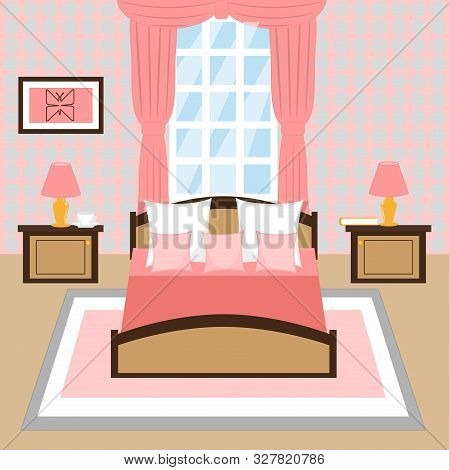 Bedroom Interior With A Bed, Nightstands, Big Windows. Pink Bed Cover With Many Pillows In Room.