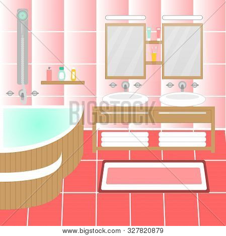 Pink Modern Bathroom Interior With Furniture. Design Modern Bathroom.