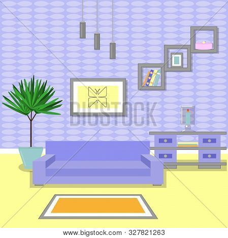 Cute Living Room Interior Design With Furniture, Bookshelf, Vase With Flowers, Books, Picture With B