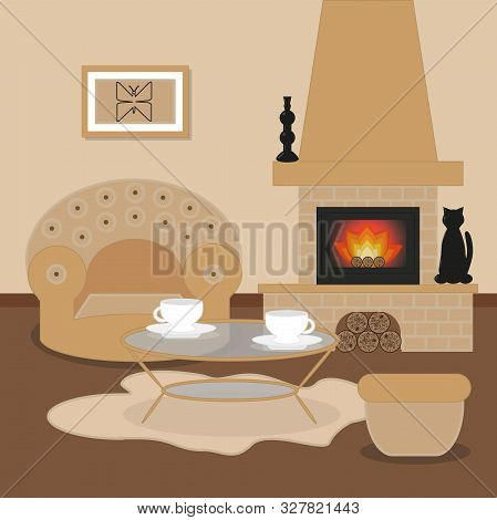 Cute Living Room Interior Design With Fireplace, Sofa, Furniture, Vase, Picture With Butterfly, Tea 