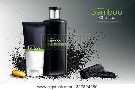 3d Realistic Ad Poster With Charcoal Cosmetics - Shampoo With Natural Bamboo, Cream And Oil Capsule.