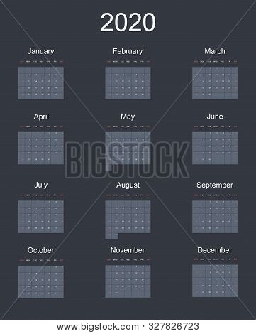 2020 New Year Vector Calendar In Minimal Simple Style On Dark Background. Week Starts In Sunday, Twe