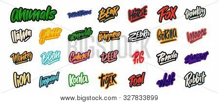 Set Of Cartoon Animal Species Lettering Text. Vector Illustrations For Print And Advertising