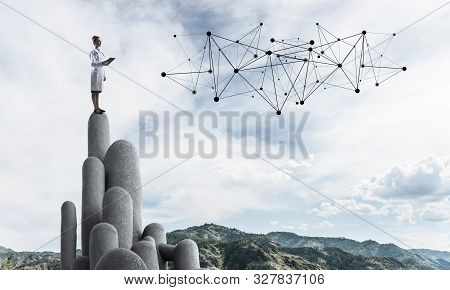 Young Female Doctor With Folder In Hands Satnding On Stone Column. 3d Rendering