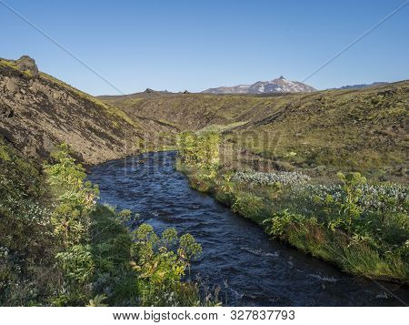 Icelandic Landscape With Blue River Stream And Lush Green Vegatation At Iceland On Laugavegur Hiking