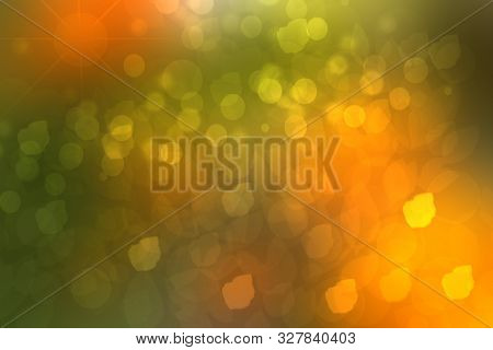 Abstract Autumn Gradient Gold Orange Bright Green Background Texture With Leaves Bokeh Circles And S