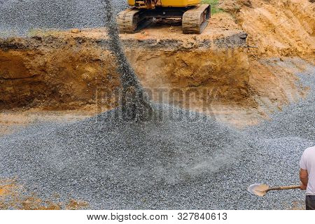 Excavator Uploader Moving Gravel On Of House Under Construction Foundation
