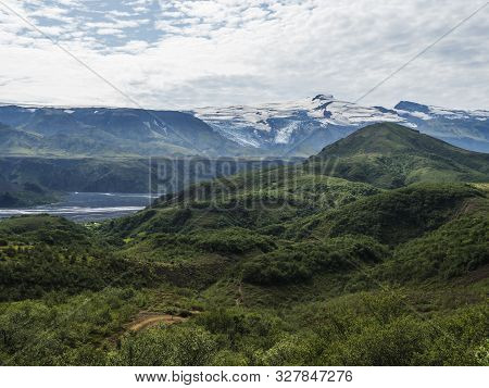 Icelandic Landscape With Green Hills Of Thorsmork And Eyjafjallajokull Volcano Glacier. Laugavegur H