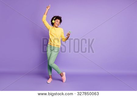 Full Length Body Size Photo Of Curly Wavy Trendy Sweet Cute Charming Carefree Girl Dancing And Singi