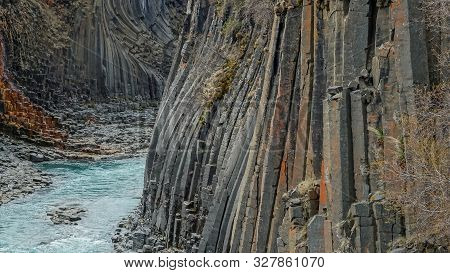 Studlagil Basalt Canyon, With Rare Volcanic Basalt Column Formations, Iceland