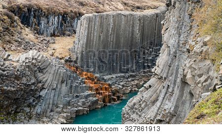 Studlagil Basalt Canyon, With Rare Volcanic Basalt Column Formations, Iceland