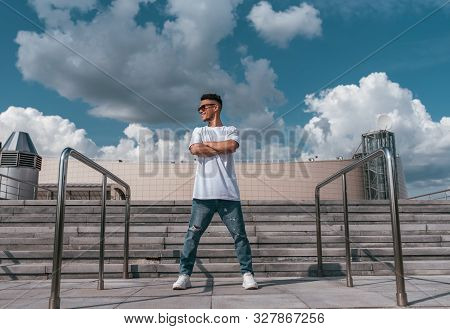 Sports Guy Stands Pose Break Dance Dancer, Hip-hop Summer City Background Steps Clouds. Active Youth