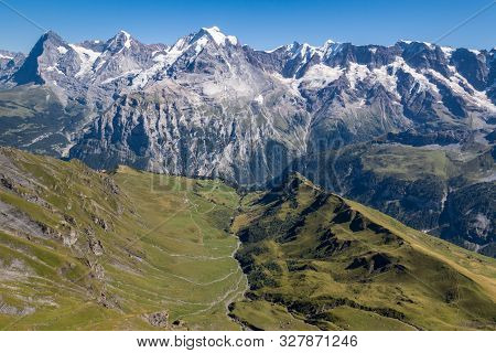 Mountain Range In Bernese Alps With Eiger, Monch And Jungfrau Peaks, Switzerland
