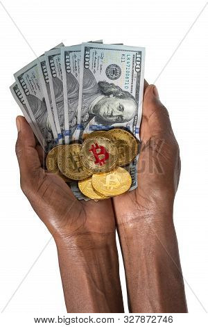 African Woman Hands Holding A Stack Of Bitcoins And Dollars,