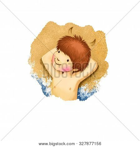 Capricorn Horoscope Sign With Children Digital Art Illustration Isolated On White. Young Boy Sandbat