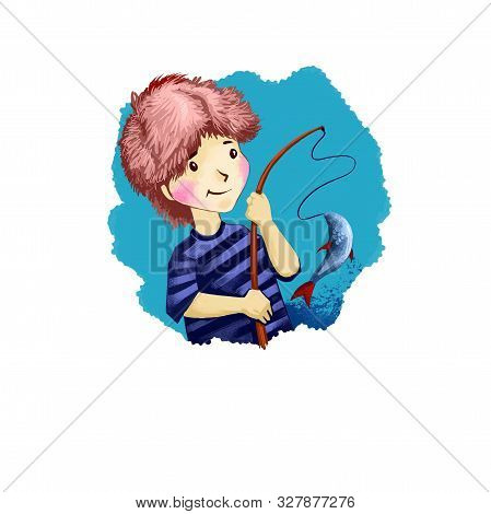 Pisces Horoscope Sign With Children Digital Art Illustration Isolated On White. Young Boy Catching F