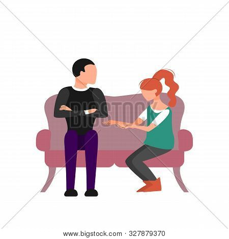Caucasian Couple Of Man And Woman Are Talking Sitting On Sofa. Flat Style Stock Vector Illustration