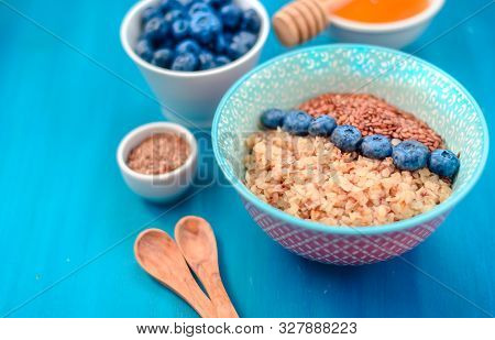 Buckwheat Porridge With Fruits, The Concept Of A Healthy Breakfast, Diet, Veganism, Vitamins
