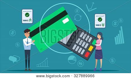 Mobile Pay, Payment For Services, Shopping And Entertainment. Man And Woman With Phone And Payment T