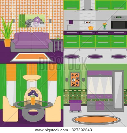 Set Of Vector Interiors With Furniture And Equipment. Design A Living Room, Kitchen, Hall.