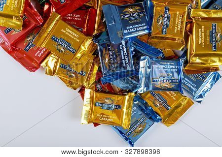 October 14 2019 Ny Usa: Ghiradelli Brand Chocolates In The Ghirardelli Collection Of Small Chocolate