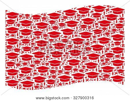 Waving Red Flag Collage. Vector Graduation Cap Icons Are Grouped Into Mosaic Red Waving Flag Collage