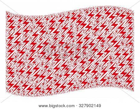 Waving Red Flag Collage. Vector Lightning Elements Are Grouped Into Mosaic Red Waving Flag Abstracti