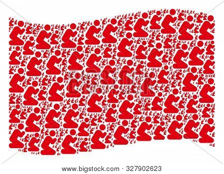 Waving Red Flag Collage. Vector Praying Person Design Elements Are Grouped Into Mosaic Red Waving Fl
