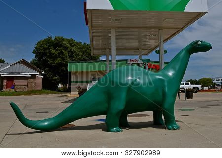 Yankkton, South Dakota, August 18, 2019:dino, The Dinosaur Is The Mascot For Sinclair, Sinclair Oil 