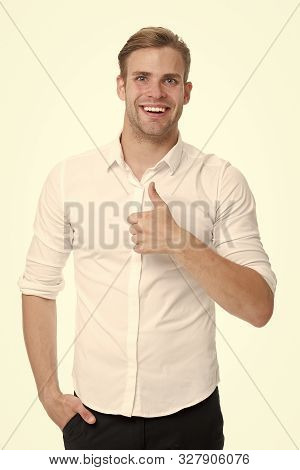 Guy Shows Thumbs Up Gesture. Excellent Quality. Man Confidently Highly Recommend White Background. G