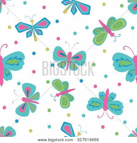 Green Pink Blue Butterflies. Repeat Vector Design.