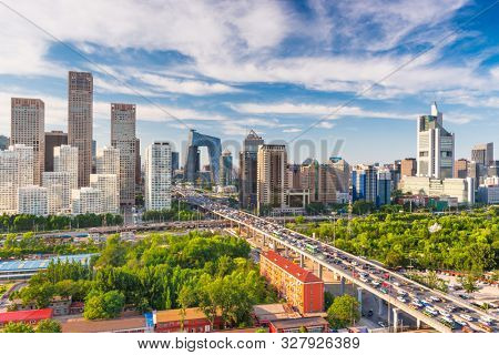 Beijing, China modern financial district skyline on a nice day with blue sky.
