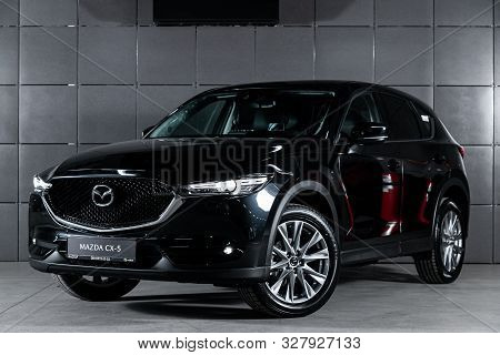 Novosibirsk, Russia - October  04, 2019:  Black New Mazda Cx-5, Front View.   Modern Crossover Made 