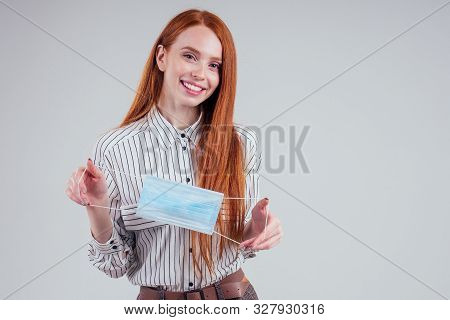Happy Redhead Woman Snow-white Smile Green Eyes Businesswomen In A Striped Shirt Wearing Gauze Blue 