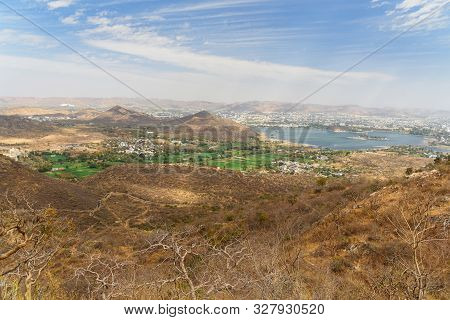 View Of Udaipur City And Fateh Sagar Lake From Monsoon Palace. Rajasthan. India