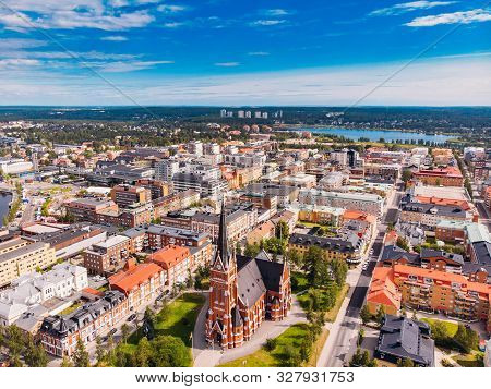 Lulea, Sweden - July 05, 2019: Panorama City, Cathedral Sunny Day, Blue Sky
