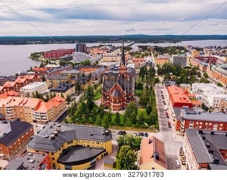 Lulea, Sweden - July 05, 2019: Panorama City, Cathedral Sunny Day, Blue Sky
