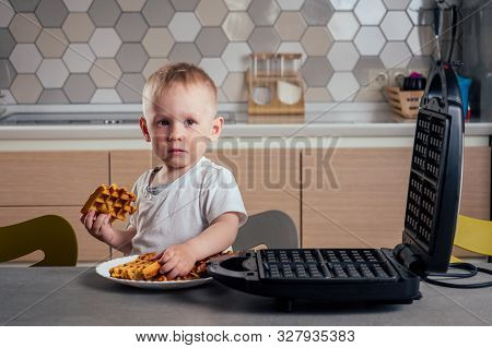 Son Preparing Waffles In Kitchen Belgian Waffles Waffle Iron