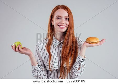Redheared Hungry Business Woman In Striped Shirt Eating Usa Burger Visa Traveler White Background St