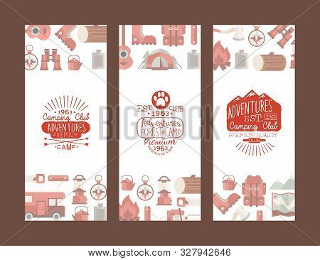 Camping Club Adventures Retro Vertical Banners Set, Forest Camp Vintage Emblems Vector Illustration