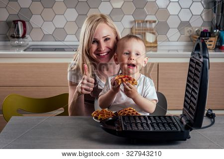 Caucasian Family Together Cooking Kitchen.boy And Mother Eating Belgian Waffles Waffle Iron