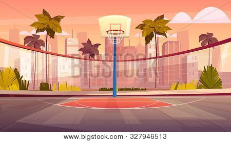 Cartoon Background Of Basketball Court In Tropic City. Outdoor Sports Arena With Basket For Game. St