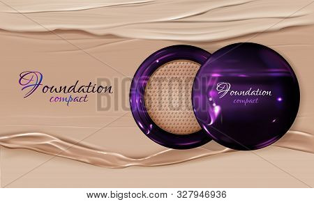 3d Realistic Poster With Compact Foundation - Violet Package With Mirror, Beauty Makeup Product. Top