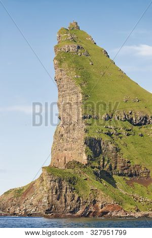 Faroe Islands Green Coastline Landscape In Vagar Island. Seascape